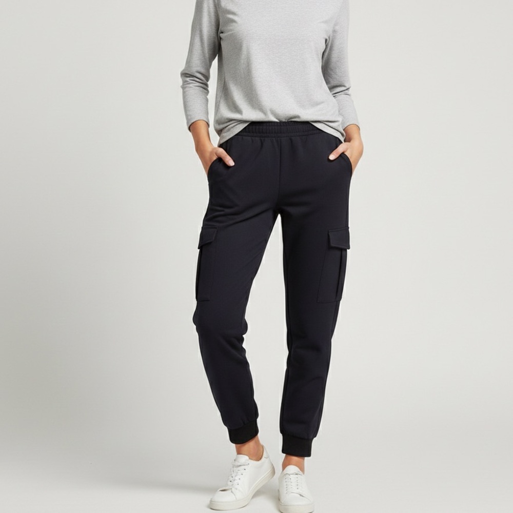 ZARA Black Cargo Jogger Pants S Stretch Elastic Waist Mid Rise